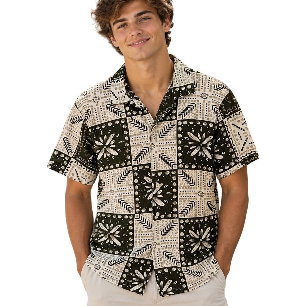 Zara Button Shirt Mens Size Small Olive Aloha Floral Block Casual Palm Leaf